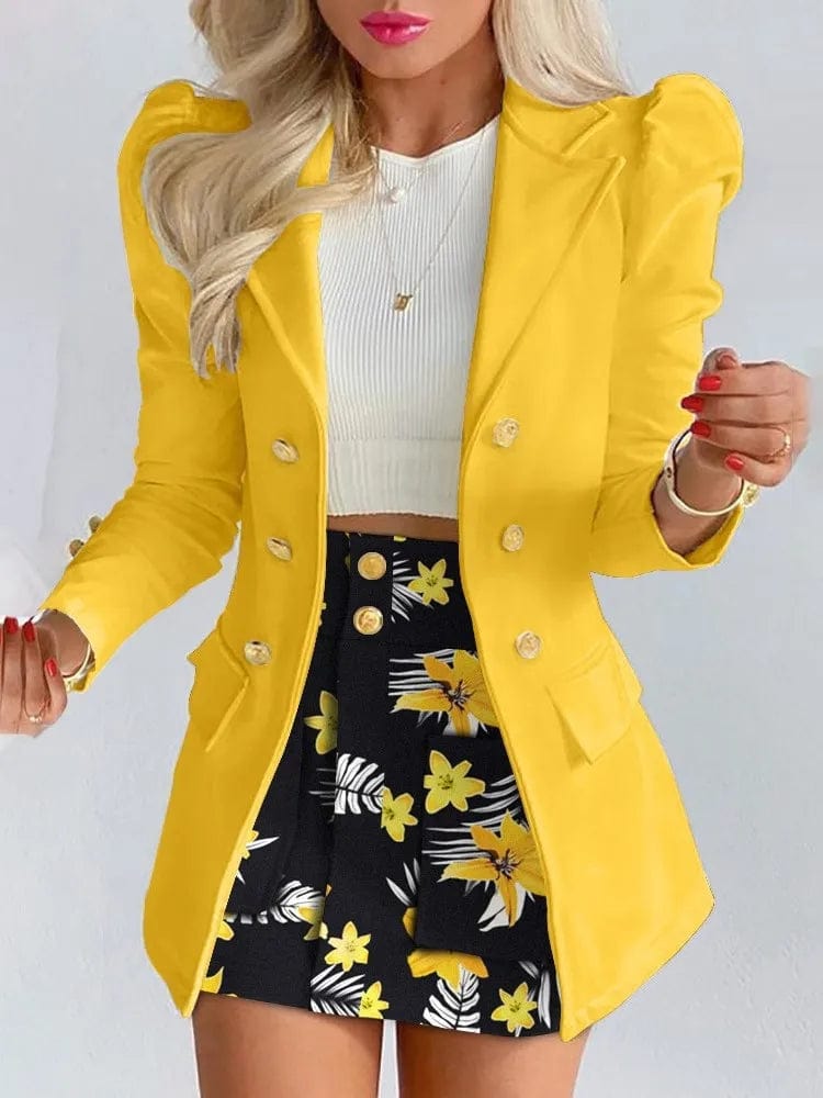 Long Sleeve Suit Jacket Dress Set Spring Fashion Elegant Solid Turn Down Collar Coat Buns Two Piece Sets For Women Outfit 2023 Front Pockets Side Pockets Patch Pockets
