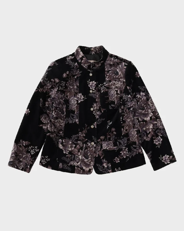 Black With Grey Floral Pattern Velvet Jacket - M Denim Fabric Leather Fabric Suede Fabric