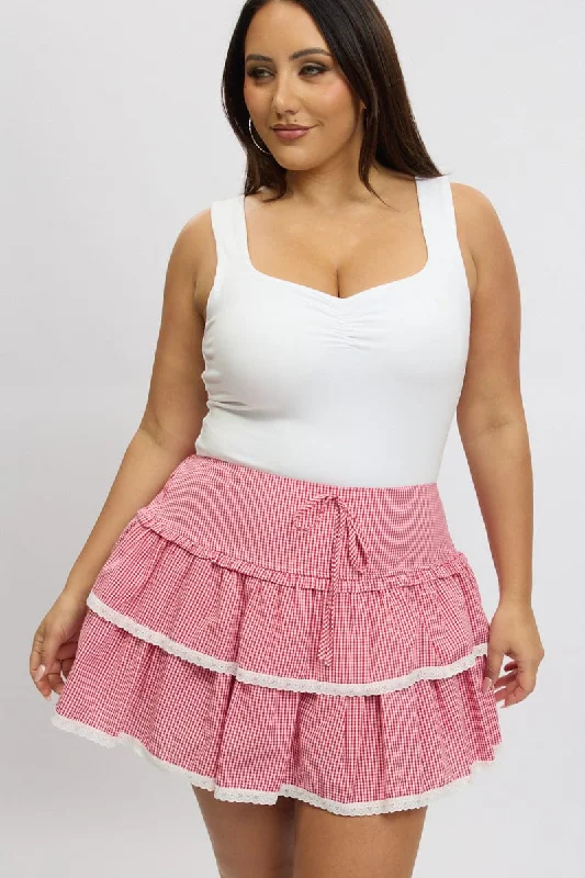 Red Check Ruffle Gingham Lace Trim Mini Skirt silk skirt sleek