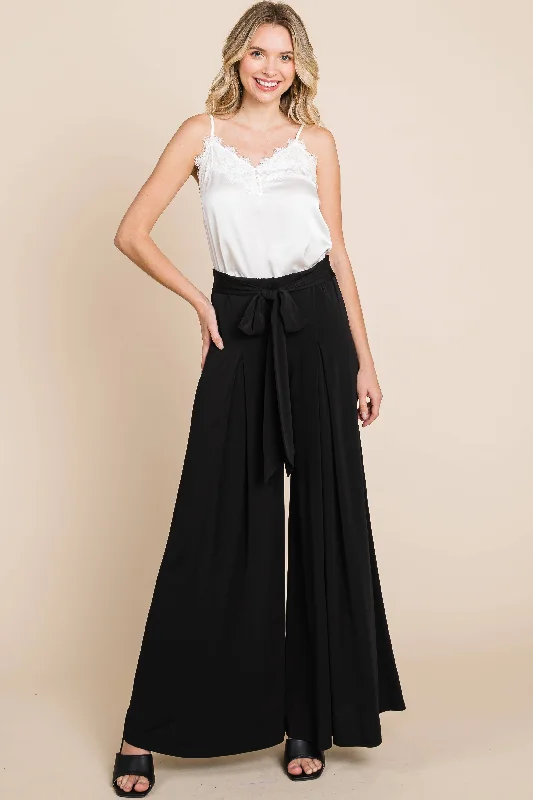 Black High Waisted Palazzo Pants Elegant Wool Trousers