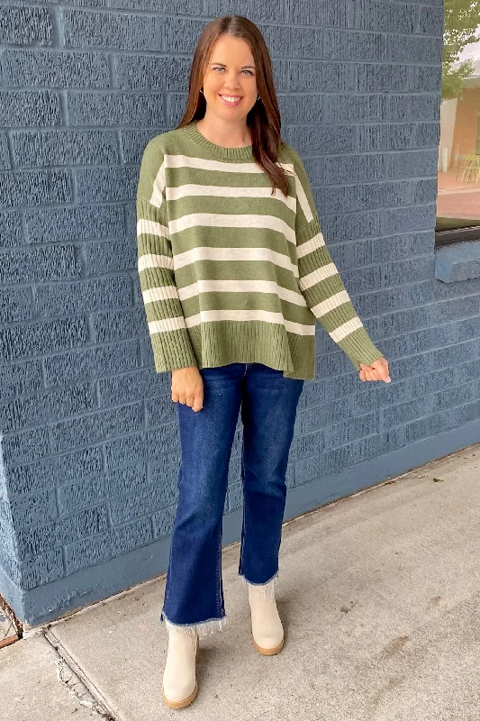 End of the Day Olive Striped Sweater Bright Pastel Dark