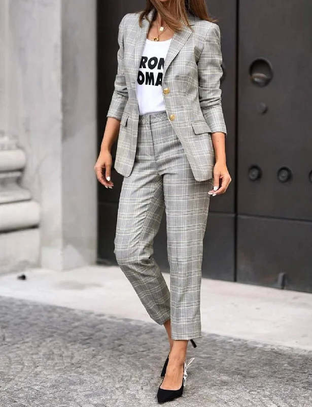 Women's Suit 2 Piece Fashionable Casual Plaid Jacket (Blazer+Pants) Stand-Up Collar Roll-Neck Collar Turtle Neck