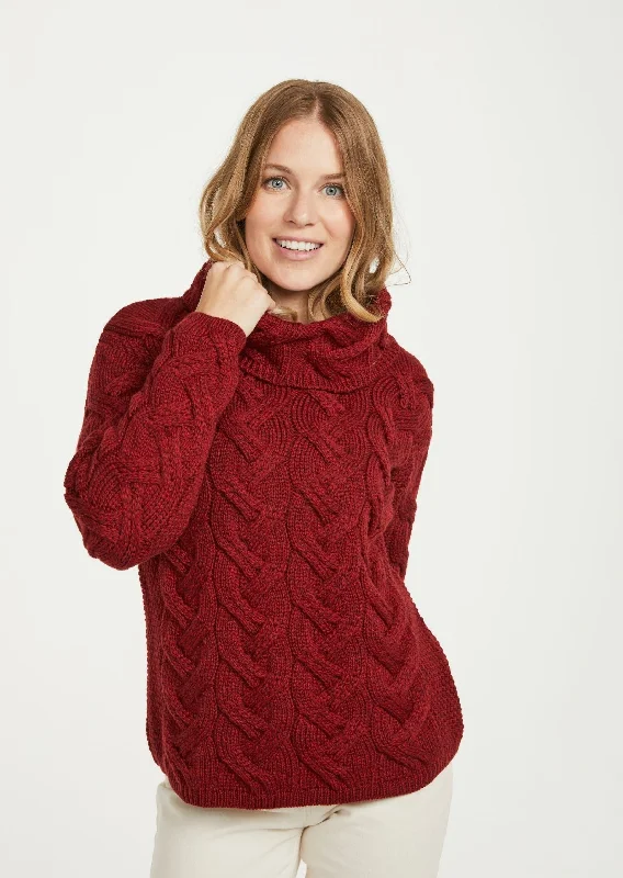 Aran Cowl Neck Chunky Sweater | Red Fleece Sweater Nylon Polyester