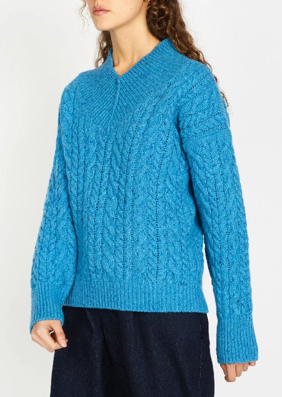 IrelandsEye V-neck Aran Sweater | Blue - Clearance Real Fur Shearling Chenille