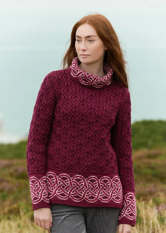 Aran Women's Celtic Design Sweater | Wine Zippered Buttoned Snapped