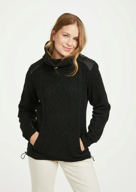 Women's Lined Aran Cowlneck Sweater | Black - Clearance Iron Safe Non-Iron Wrinkle Free
