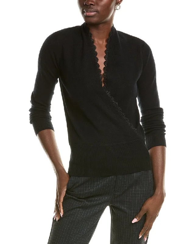 sofiacashmere Lace Trim Surplice Cashmere Sweater Boxy Sweater Fitted Sweater A-Line