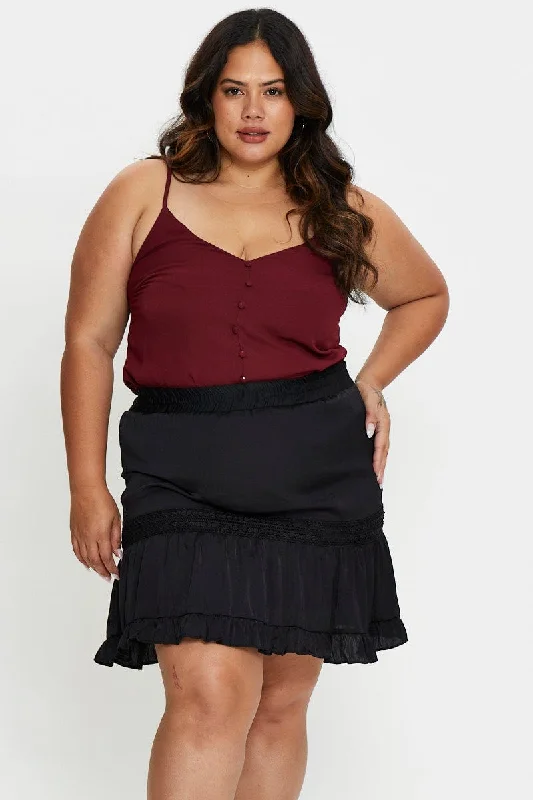 Black Mini Skater Skirt Ruffle Hem corduroy skirt cozy