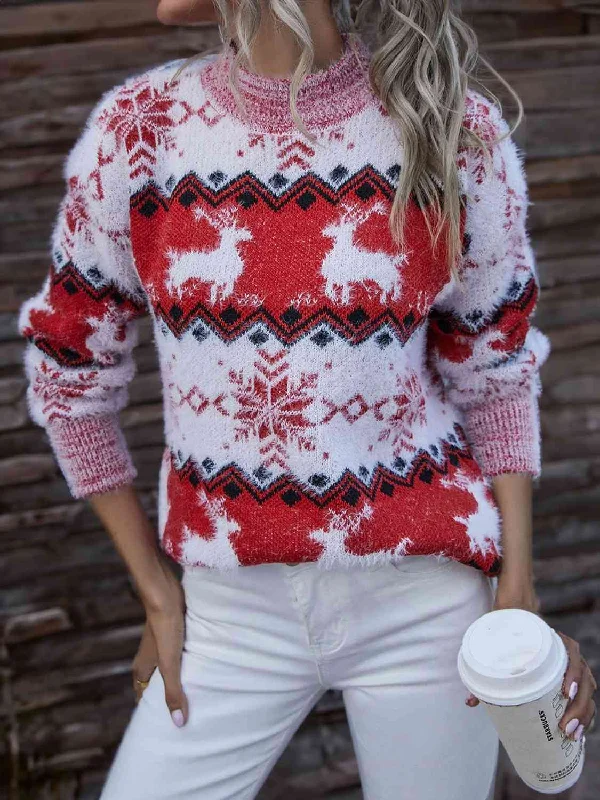 Fuzzy Fair Isle Snowflake Reindeer Knit Holiday Round Neck Minimalist Sweater Velvet Chenille Corduroy