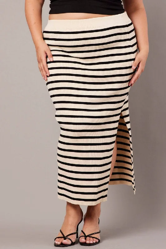Black Stripe Rib Knit One Split Skirt denim skirt classic