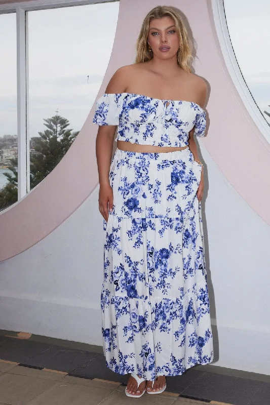 Blue Floral Tiered Elastic Waist Maxi Skirt wool skirt thick