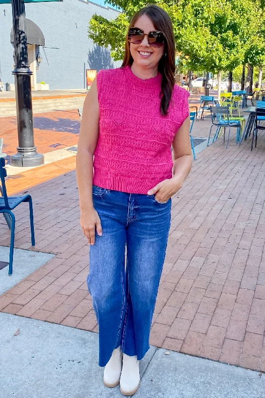 Deal Me In Pointelle Sweater Raspberry Vest Embroidered Appliqued Beaded