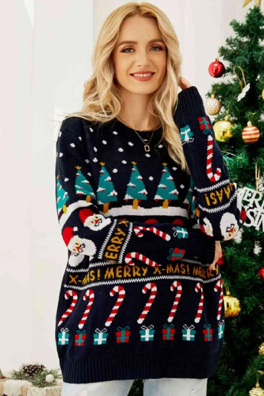 Merry Xmas Knit Festive Santa Candy Canes Trees Round Neck Holiday Sweater Stylish Fashionable Trendy Merry Xmas Knit Festive Santa Candy Canes Trees Round Neck Holiday Sweater Stylish Fashionable Trendy