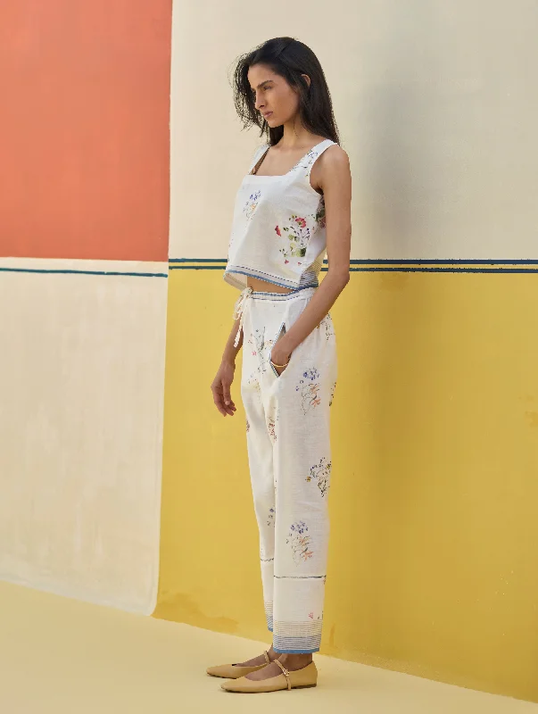 Ema Watercolour Floral Linen Pant - Ivory High-Waist Jeans