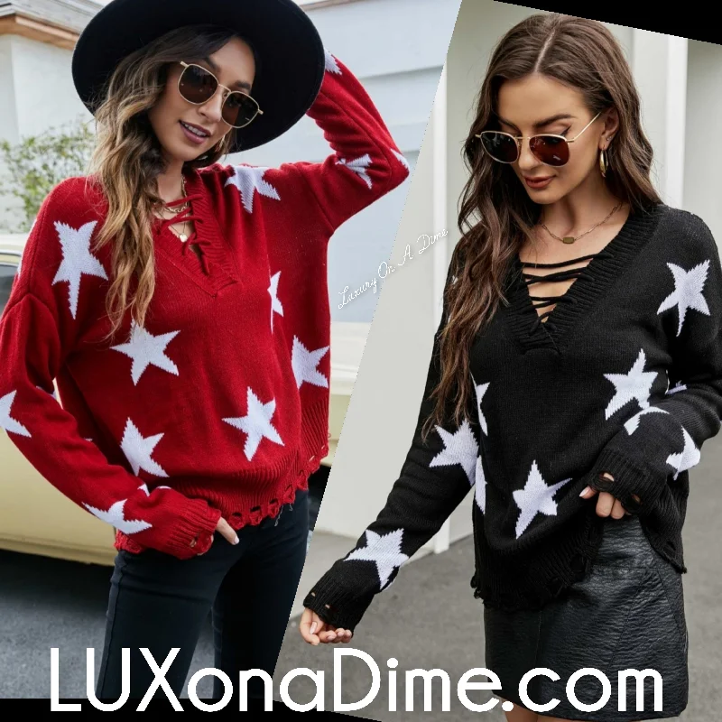 Star Print Distressed Lace Up Tie-back Knit Sweater (2 colors available) Lightweight Heavyweight Midweight