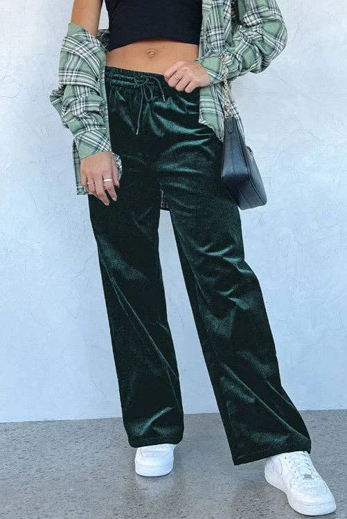 Green Velvet Drawstring Waist Wide Leg Pants Relaxed High-Waist Trousers