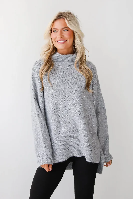 Winter Classic Heather Grey Mock Neck Oversized Sweater Toggled Drawstring Belted