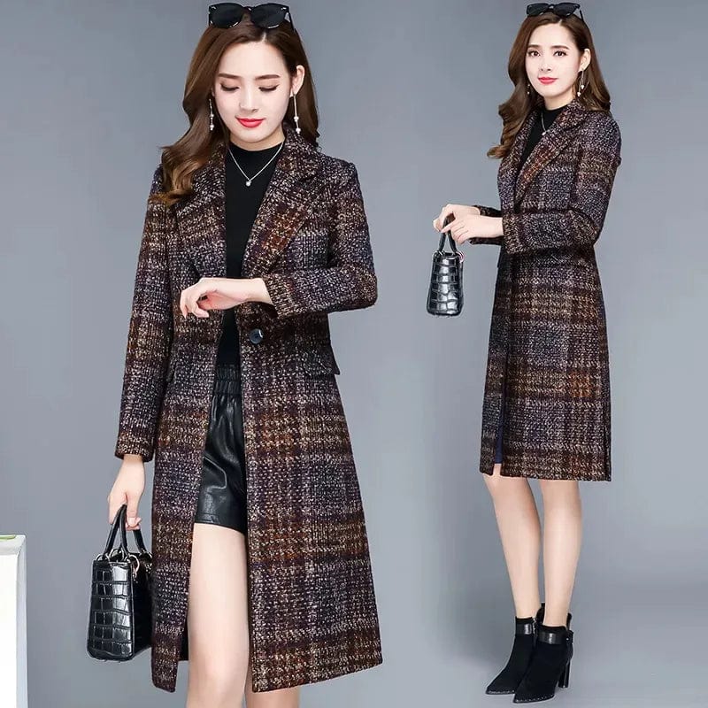 Thicken Plaid Woolen Jacket Women's 5XL Slim Mother Temperament Long Coat Warm Female Casual Overcoat Belted Jacket Elasticated Jacket Padded Jacket