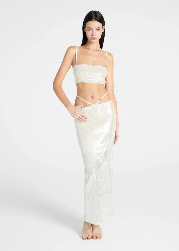 White Sequined Slip Top & Maxi Skirt Set pleated skirt texture