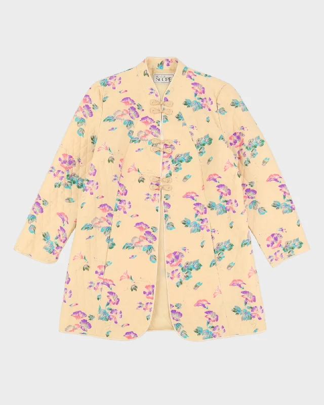 Cream Floral Quilted Cheongsam Style Jacket - S Zippered Jacket Buttoned Jacket Snapped Jacket