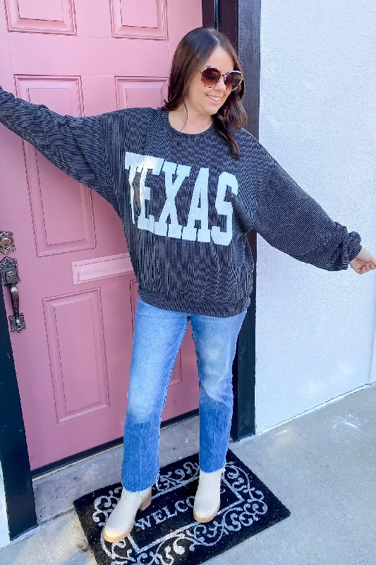 Texas Corduroy Graphic Black Sweater Tailored Straight A-Line