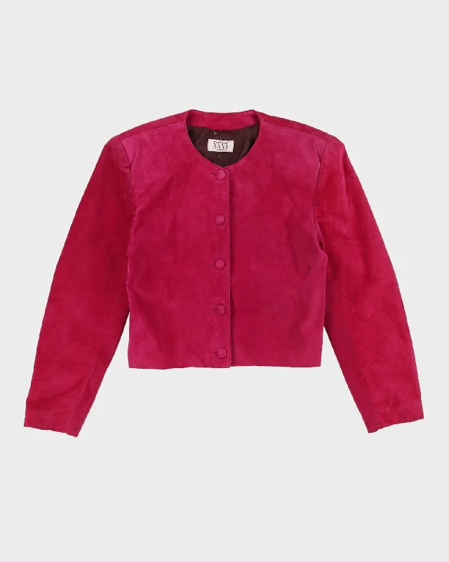 Pink Suede Box Style Cropped Suede Jacket - S Notch Collar Peter Pan Collar Cowl Neck