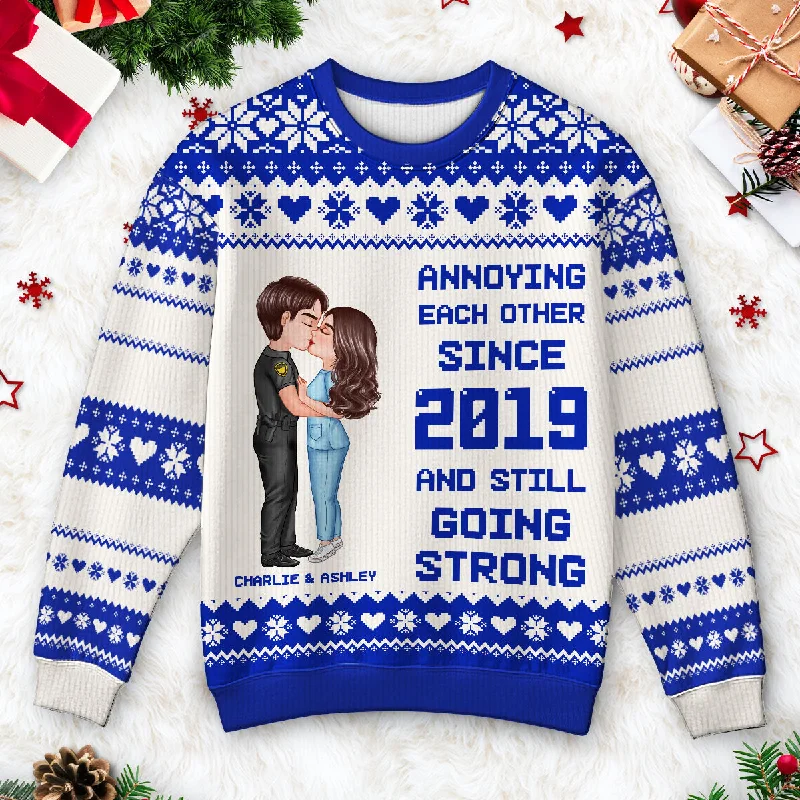 Christmas Hugging Kissing Couple Occupation Personalized Faux Knitting Ugly Sweater, Gift For Him, For Her, For Police, Nurse, Firefighter, EMS, Military Sequined Glittery Shiny Christmas Hugging Kissing Couple Occupation Personalized Faux Knitting Ugly Sweater, Gift For Him, For Her, For Police, Nurse, Firefighter, EMS, Military Sequined Glittery Shiny