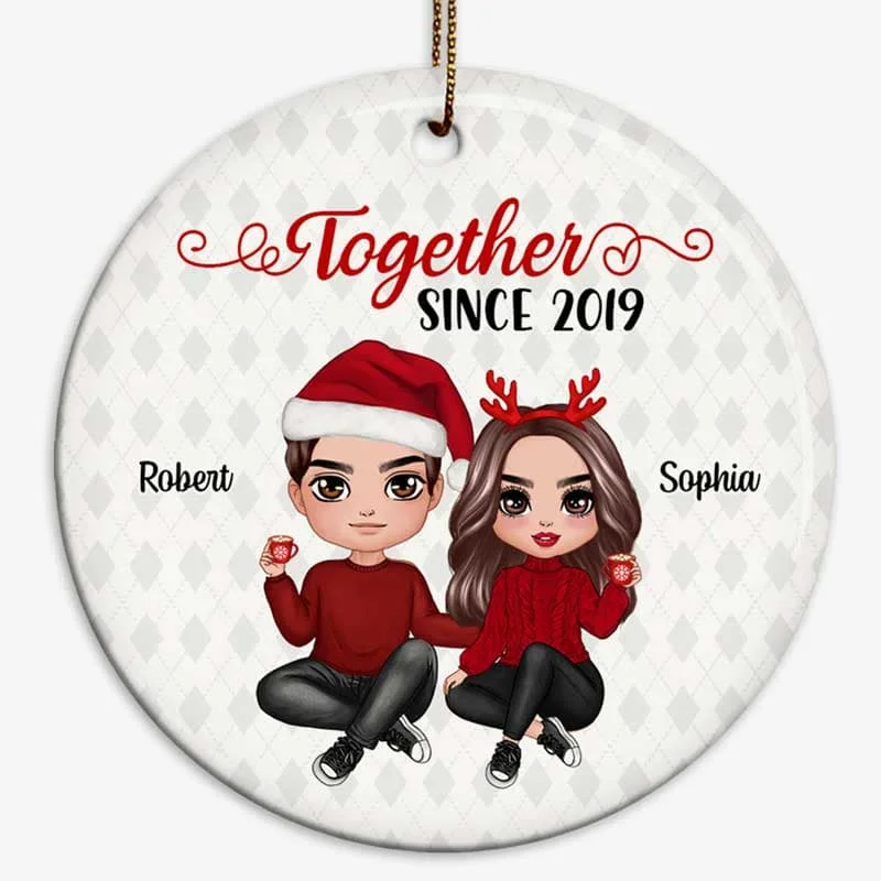 Doll Couple Sitting Rhombus Sweater Pattern Personalized Circle Ornament Polka Dot Checkered Tartan