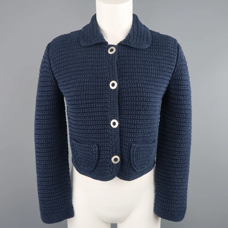 OSCAR DE LA RENTA Size M Blue Cotton Sailor Knit Silver Snap Cropped Jacket Wool Jacket Cashmere Jacket Tweed Jacket