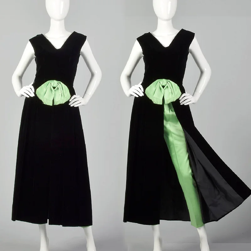 XS 1960s Black and Green Dress and Pants Hostess Set Comfortable Denim Trousers