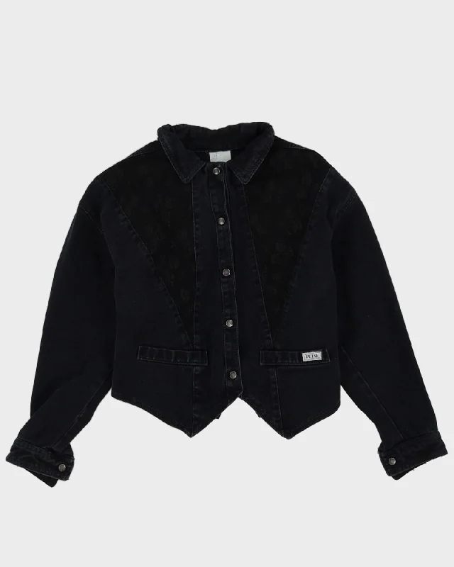 00s Faded Black Denim With Lace Details Jacket - S Belted Jacket Elasticated Jacket Padded Jacket