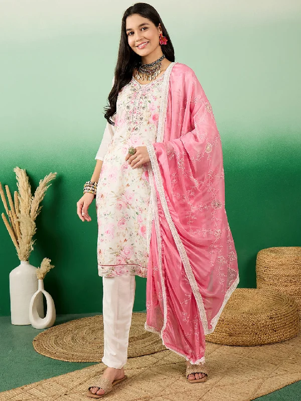 White Designer Readymade Pant Suit With Printed Hand Work Comfortable Fleece Pants