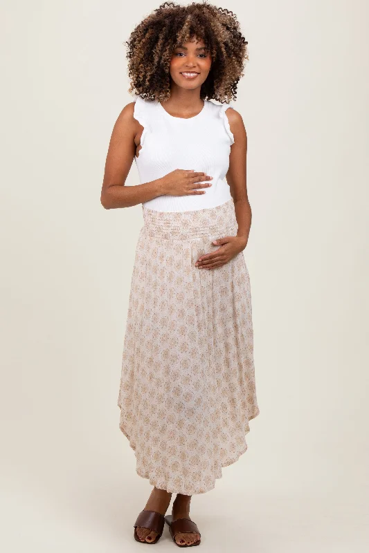 Beige Damask Print Smocked Waistband Maternity Midi Skirt denim skirt fashionable