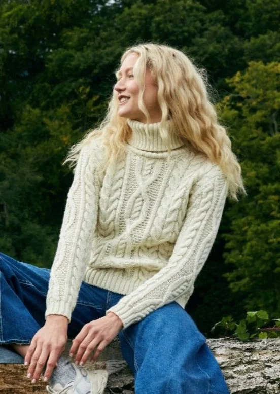 IrelandsEye Polo Neck Aran Sweater | Natural Graphic Sweater Embroidered Appliqued