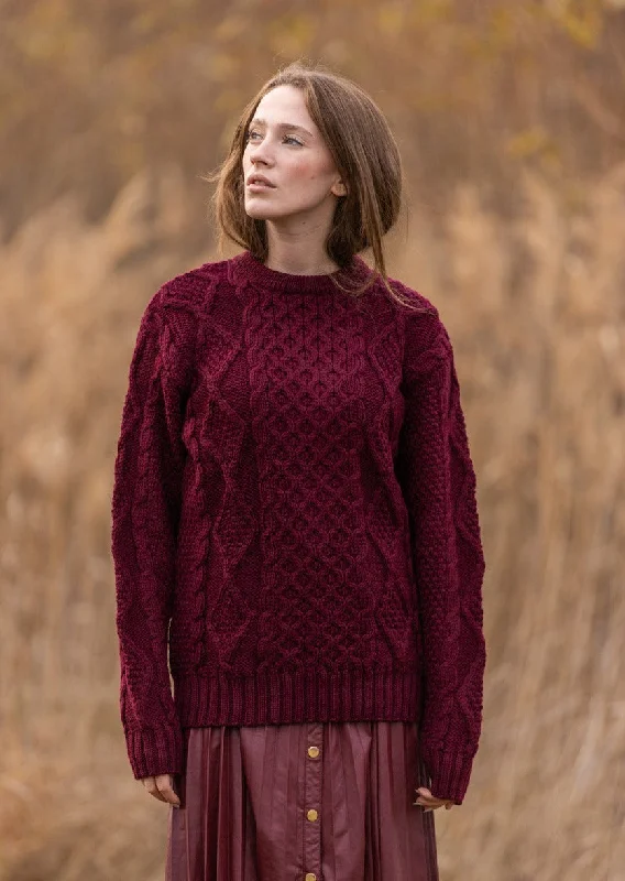 Heavy Weight Aran Sweater | Wine Embroidered Appliqued Beaded