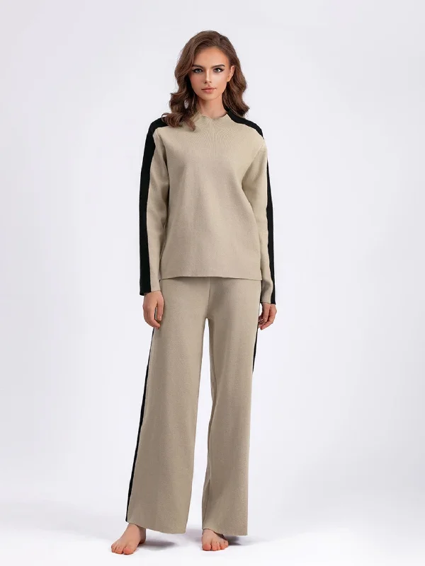 Contrast Sweater and Knit Pants Set Turtle Neck Boat Neck Asymmetrical Neck