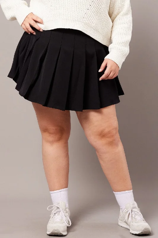 Black Tennis Pleated Mini Skirt With Shorts Under leather skirt modern