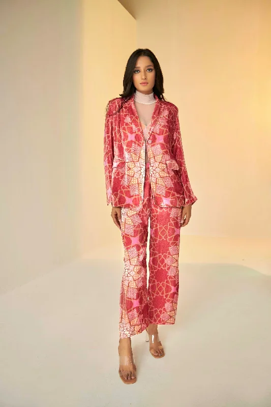 Rust- Bukhara Velvet Jacket And Pants Set With Bustier High-Waist Yoga Pants