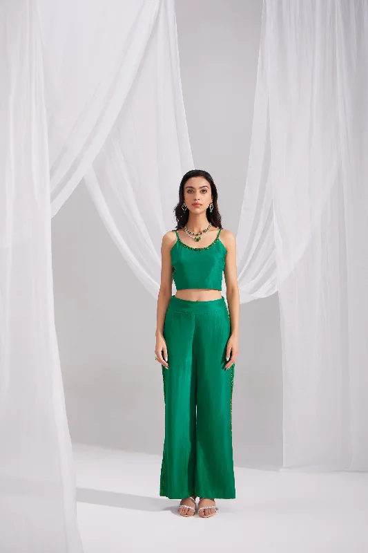 Emerald Green Embroidered Silk Bustier & Flared Silk Pant Set Relaxed Linen Pants