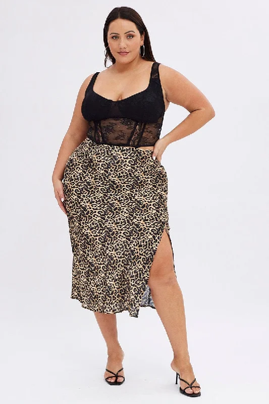 Multi Animal Print Satin Skirt Leopard Split Midi mini skirt trendy