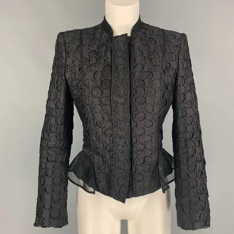 GIORGIO ARMANI Size 8 Black Silk Textured Jacket Satin Fabric Silk Fabric Chiffon Fabric