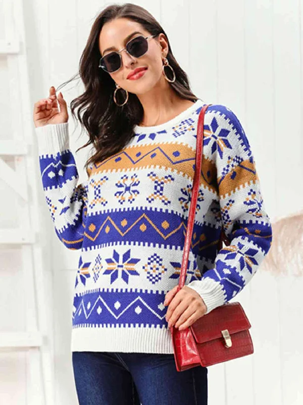 Bold Fair Isle Contrast Winter Snowflake Long Sleeve Minimalist Sweater Fleece Fabric Down Fabric Feather Fabric