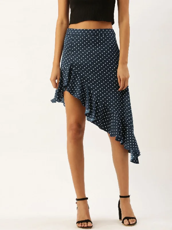 Berrylush Women Navy Blue Polka Dot Asymmetrical Hem Ruffled Skirt corduroy skirt comfortable
