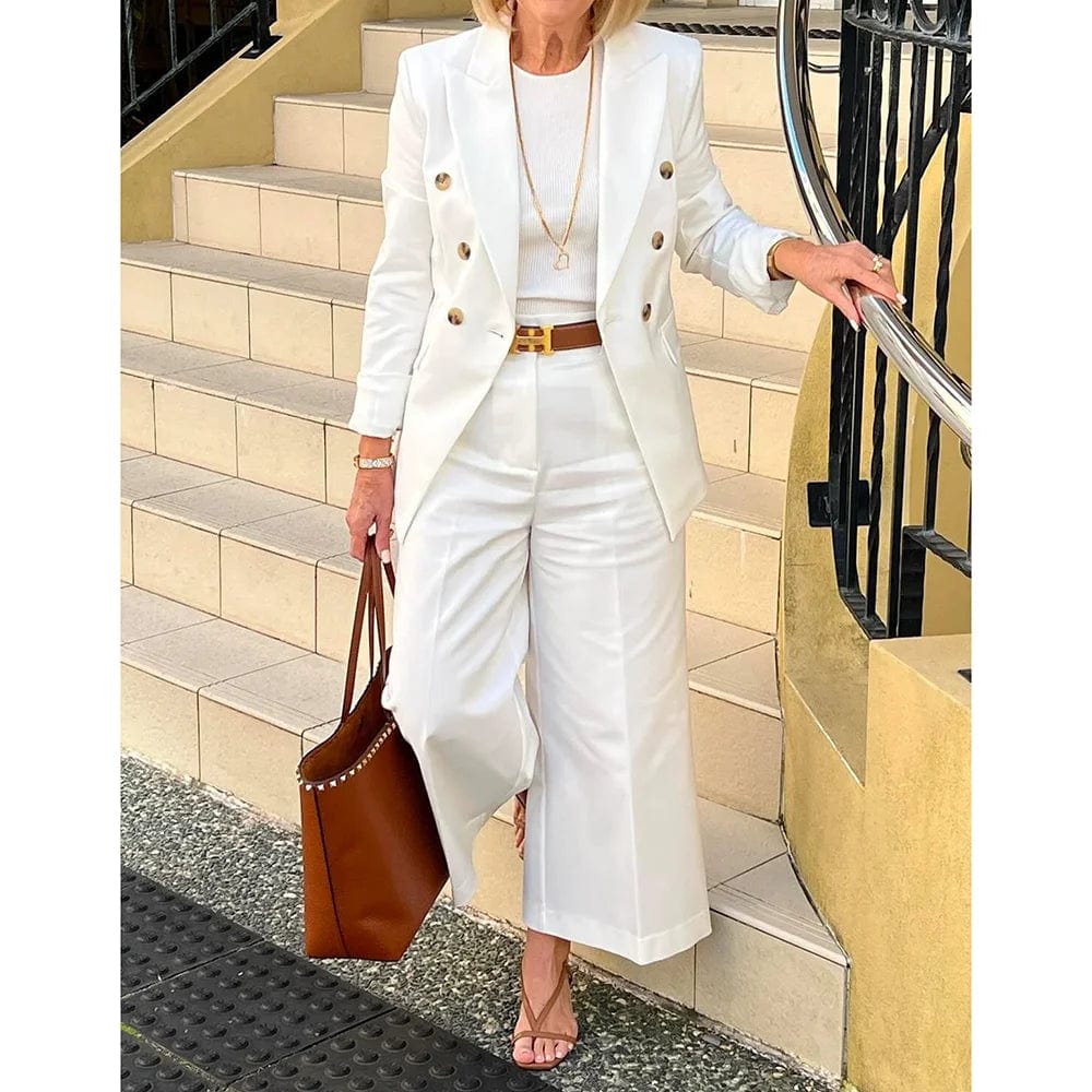 Summer White Women Suits (Jacket+Pants) Fashion Peak Lapel Double Breasted Two Piece Elegant Solid Wedding Party Pants Sets Bomber Jacket Anorak Windbreaker
