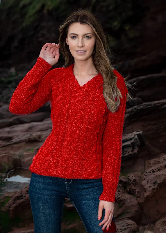 Aran V Neck Cashmere Sweater | Red Bright Pastel Dark