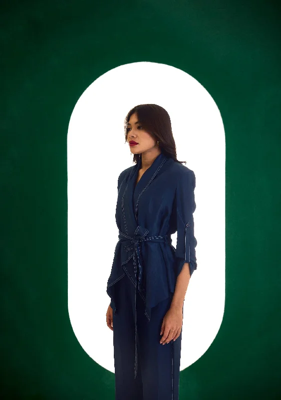 Midnight Blue Optimist Silk Jacket, Bustier, Pant Set Formal Slim Pants