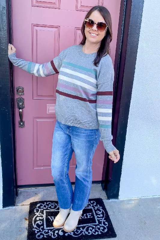 When I Want To Striped Grey Sweater Zippered Buttoned Snapped