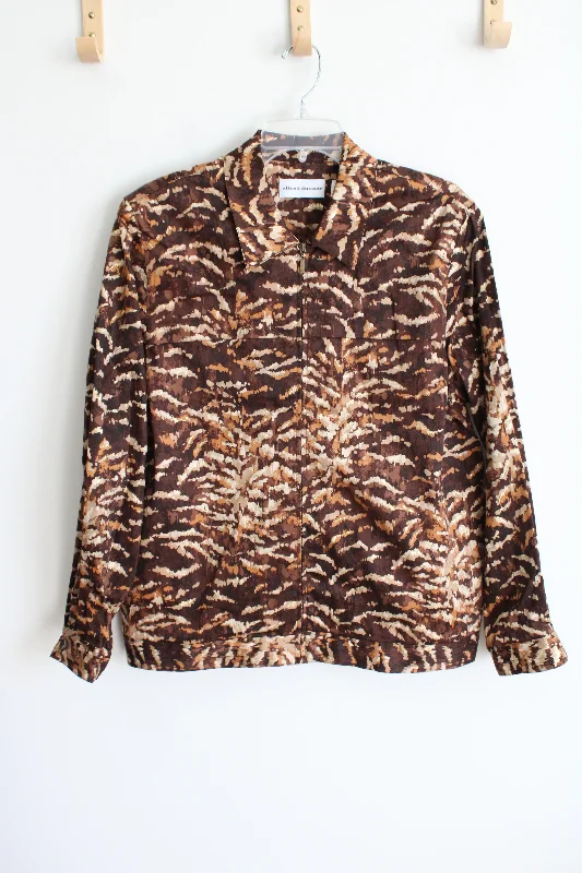 Alfred Dunner Brown Patterned Jacket | 14 Print Jacket Jacquard Jacket Patchwork Jacket