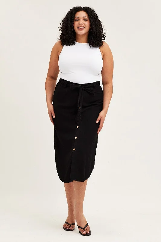 Black Button Front Linen Blend Midi Skirt silk skirt sleek