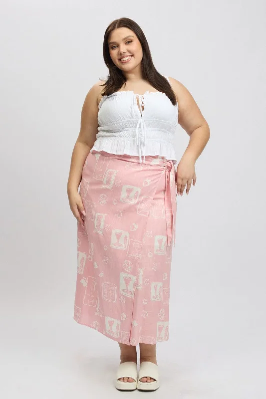 Pink Abstract Faux Wrap Linen Blend Midi Skirt velvet skirt rich